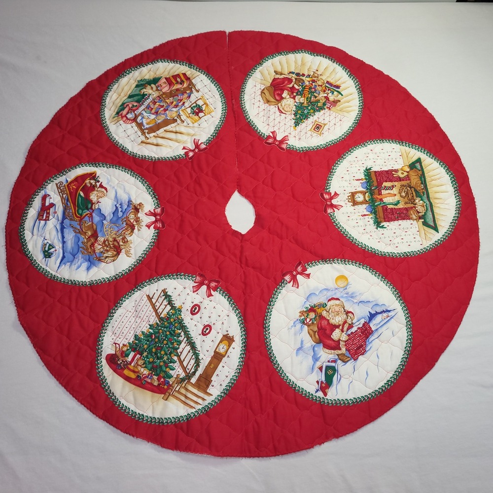 Vintage Handmade Christmas Tree Skirt Quilted Red Holiday Scenes Santa 35 Inch